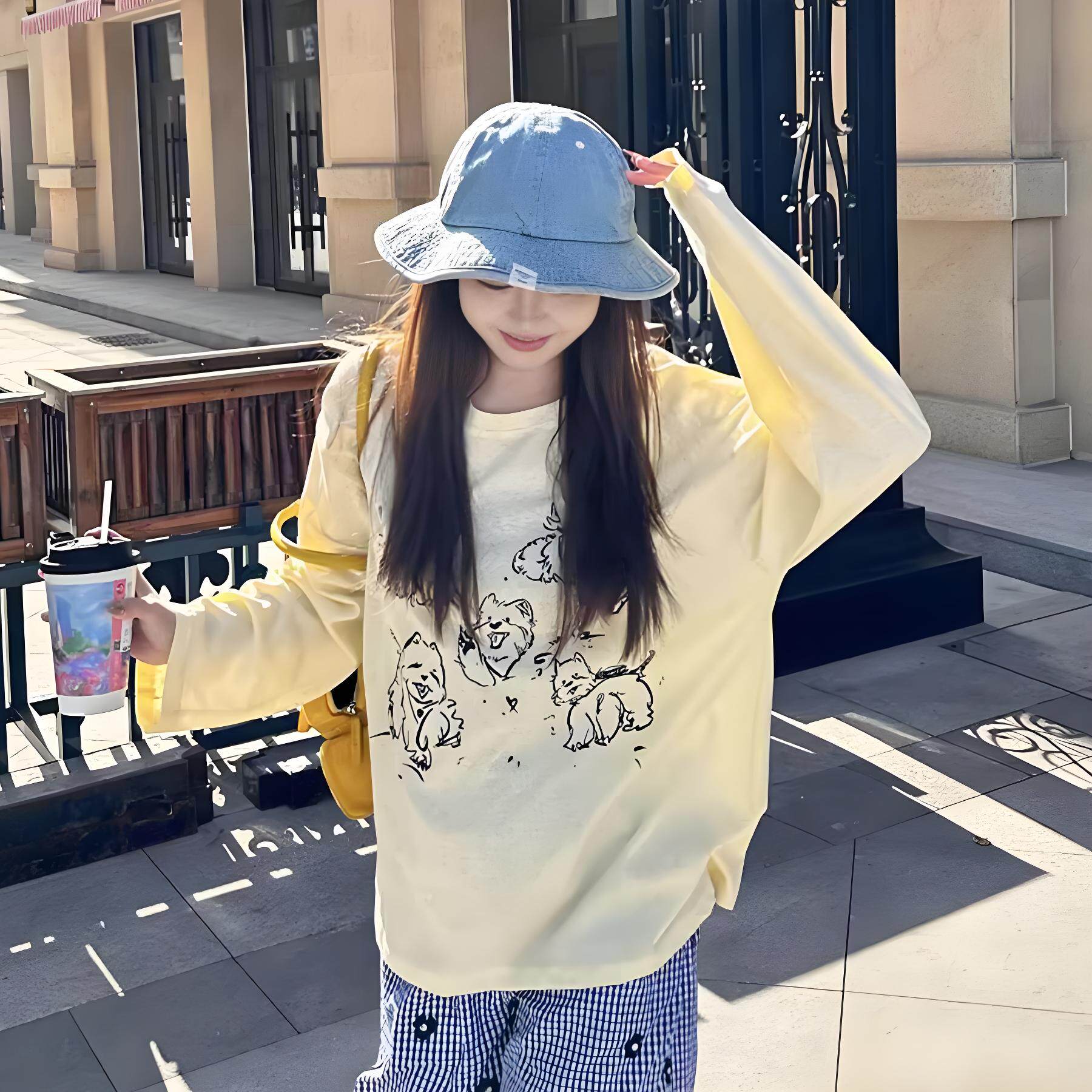 美式圆领长袖t恤女大童秋季初中高中学生学院风体恤宽松上衣