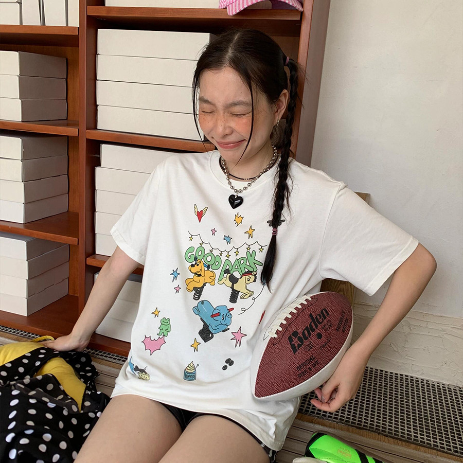 美式复古卡通印花短袖T恤女大童夏装新款12岁初中高中学生上衣13