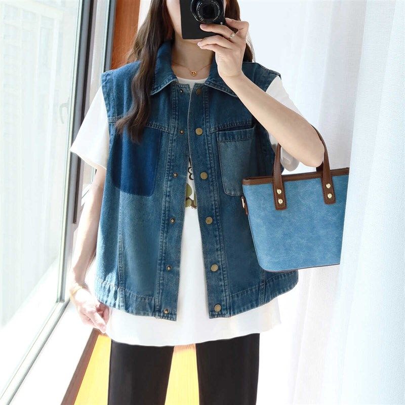 大码牛仔马甲背心女胖mm春夏季新款复古撞色口袋翻领马夹外套外穿