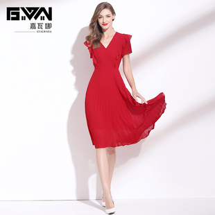 百褶裙女夏 名媛气质高端红色雪纺连衣裙v领荷叶袖 2021年夏季 新款