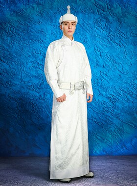 新款男士时尚拍照蒙古袍婚礼新郎伴郎父母敬酒舞蹈演出服银白色