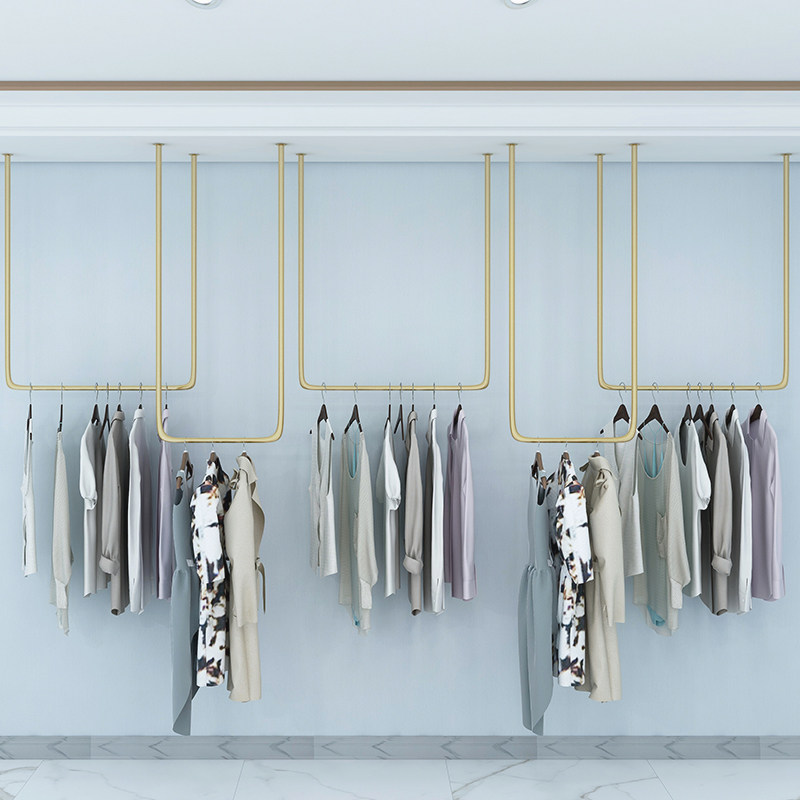 服装店展示架吊架金色U悬挂衣架 铁艺侧挂女装货架上墙吊顶陈列架