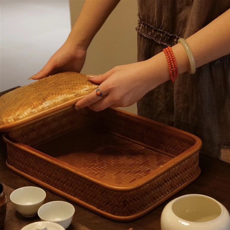 手工竹编茶具收纳盒日式带盖家用收纳筐中式复古食盒零食干果篮筐,特色手工艺,竹编/竹雕,淘宝优惠券,粉丝福利购,淘宝优惠卷