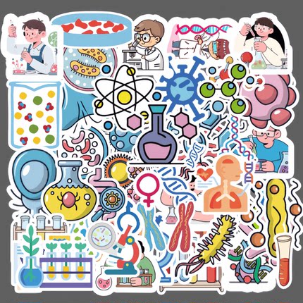 50张创意卡通生物学手账素材贴纸装饰手机电脑笔记本水杯行李箱收纳柜储物箱桌面墙面头盔ipad防水文具贴纸