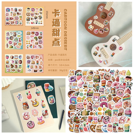 100张可爱创意卡通甜点贴纸diy水杯收纳箱手账本手机壳笔记本电脑ipad行李箱桌面充电宝防水文具贴画