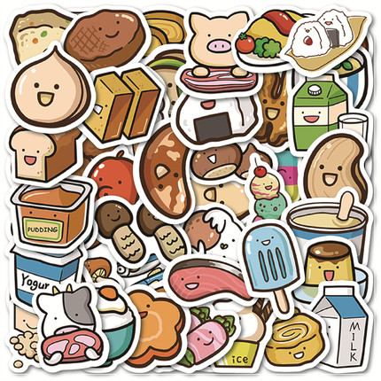 49张卡通可爱食物零食贴画手机壳充电宝保温杯牙具杯吉他滑板DIY涂鸦手账本日记本书桌墙面笔记本平板电脑
