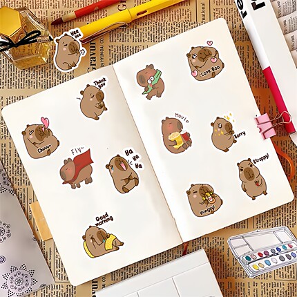 58张可爱卡皮巴拉Capybara小水豚贴纸DIY手机壳笔记本平板电脑桌面墙面门窗储物箱拉杆箱保温杯不干胶贴画