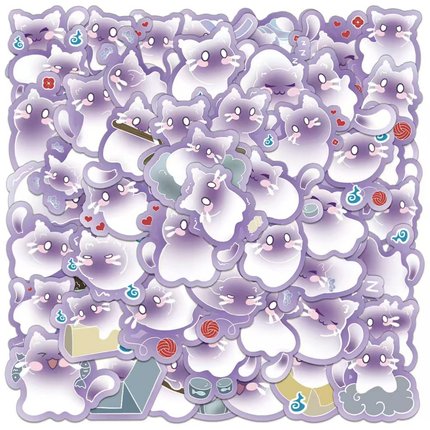 50张创意小猫可爱紫色灵猫贴纸diy手机电脑充电宝水杯行李箱ipad储物箱收纳柜笔记本桌面衣柜翻新手账素材