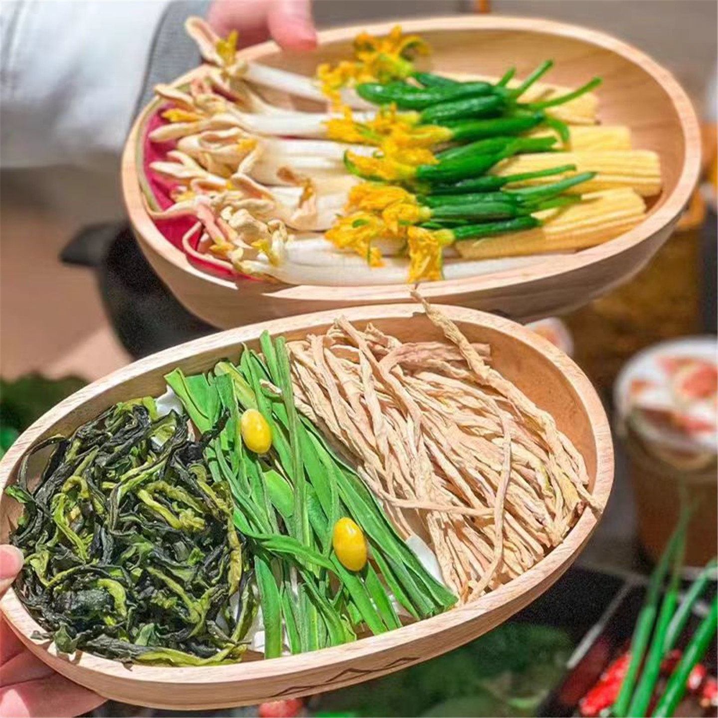 日式木质田园风火锅配菜盘椭圆形蔬菜拼盘家用商用餐具特色素菜盘
