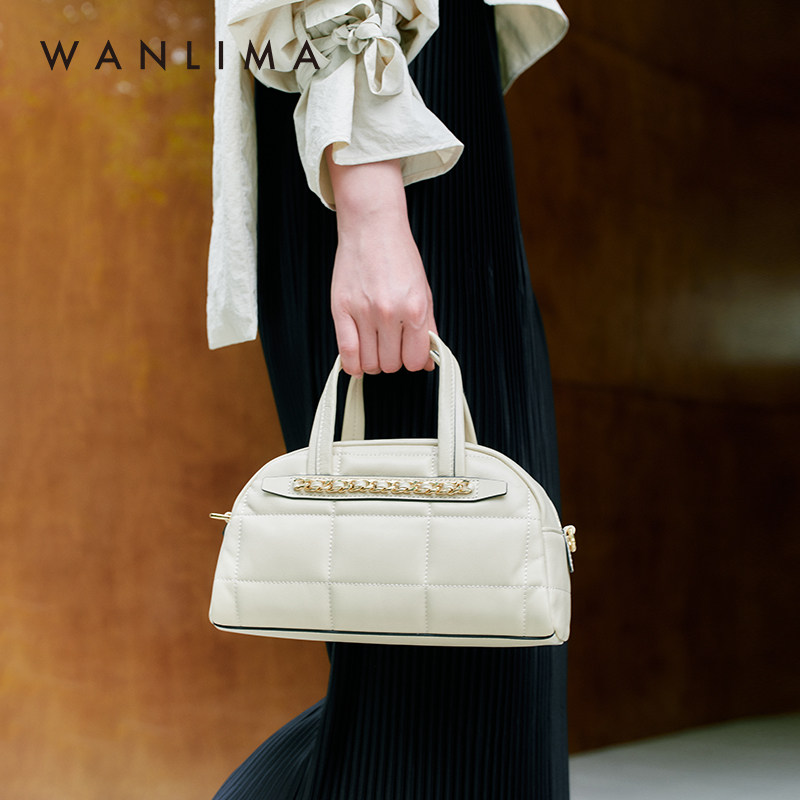 万里马羊皮黑金包女真皮手提包菱格软皮单肩保龄球包斜挎波士顿包