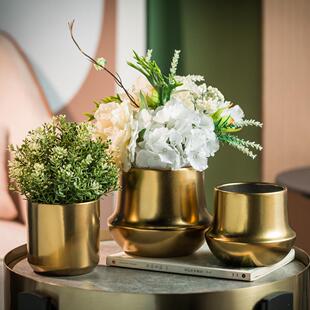 简约金色陶瓷花瓶客厅摆件现代轻奢矮胖款花盆高级感插花花器无孔
