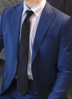 男士精细羊毛纯色覆古条纹7公分商务正装工作领带手打款蓝色1225r