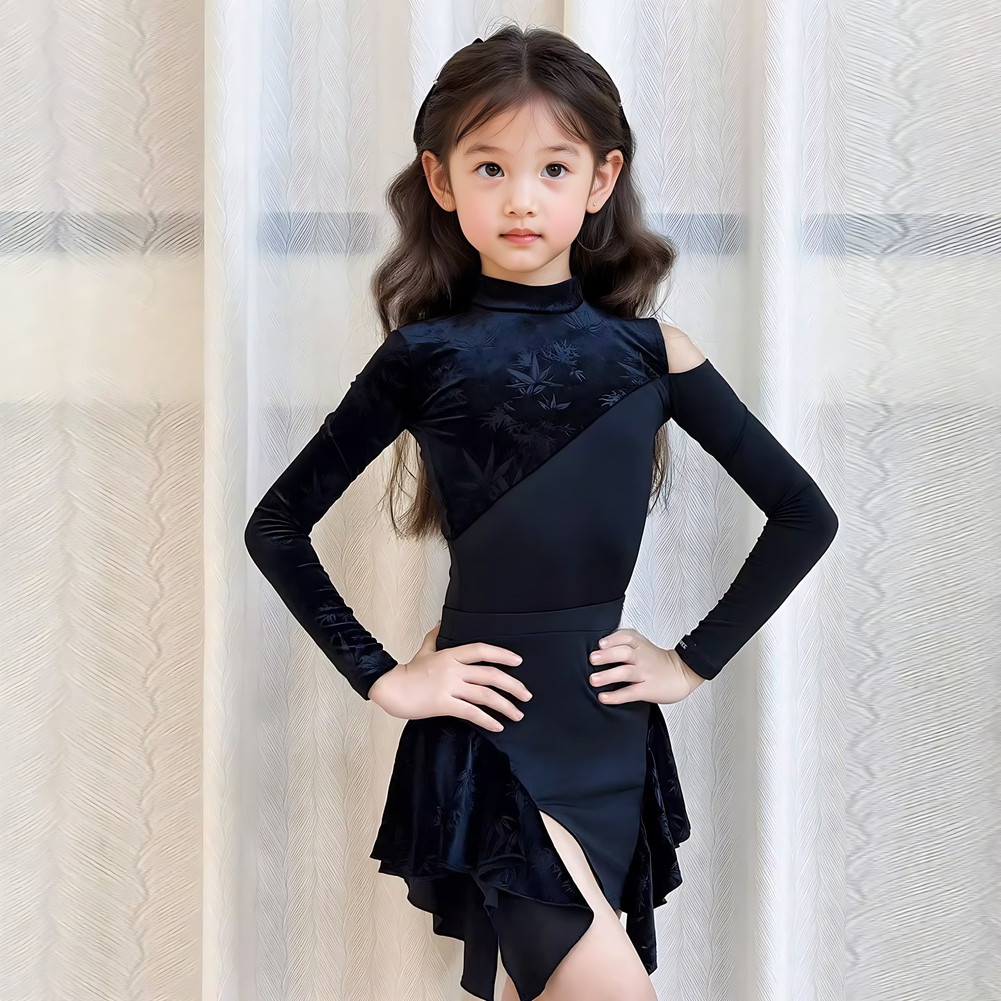 拉丁舞服女童新款秋植绒套装儿童拉丁训练功表演服