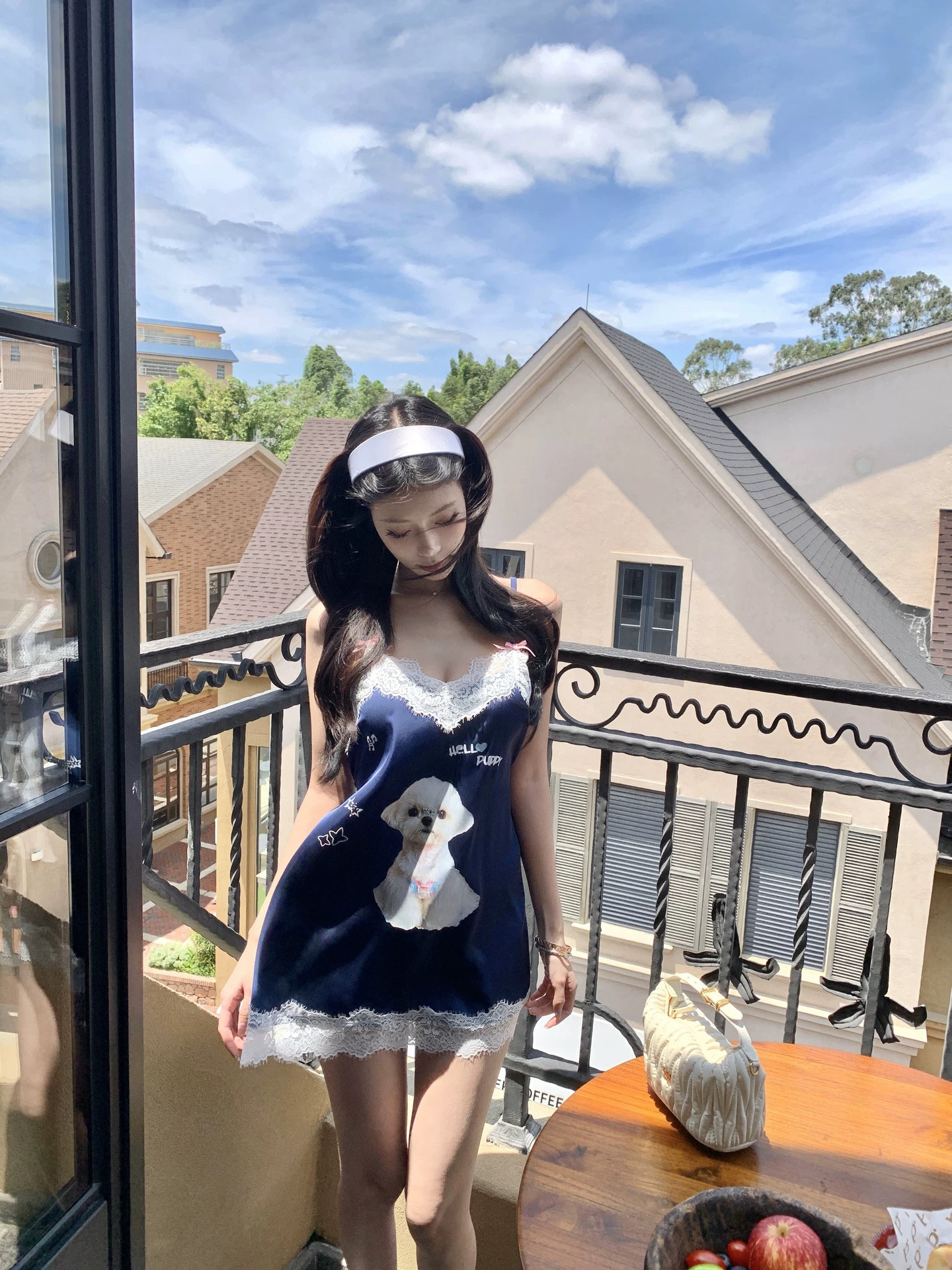 Pinksoya粉豆子 小狗印花蕾丝拼接连衣裙女休闲宽松百搭减龄短裙