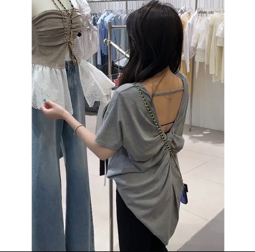 韩版高级感灰色短袖恤女夏季宽松大领口慵懒松弛感低领正肩上衣
