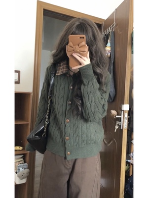 橄榄绿拼格子针织毛衣开衫女冬季款2025新款巨好看翻领外套
