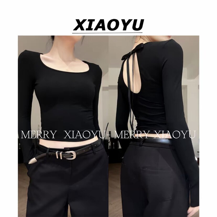 妙前小鱼【时髦秘密】松弛感蝴蝶结露背修身短款T恤显瘦正肩上衣