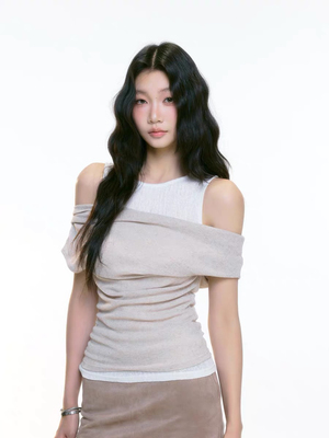 WITHMIN 背心女夏外穿显瘦纯欲独特绝美露肩辣妹假两件一字肩上衣