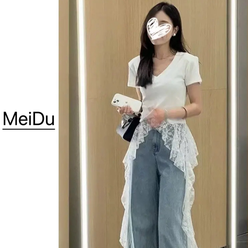MeiDu2025夏季新款高级蕾丝拼接收腰百搭V领不规则飘带T恤女