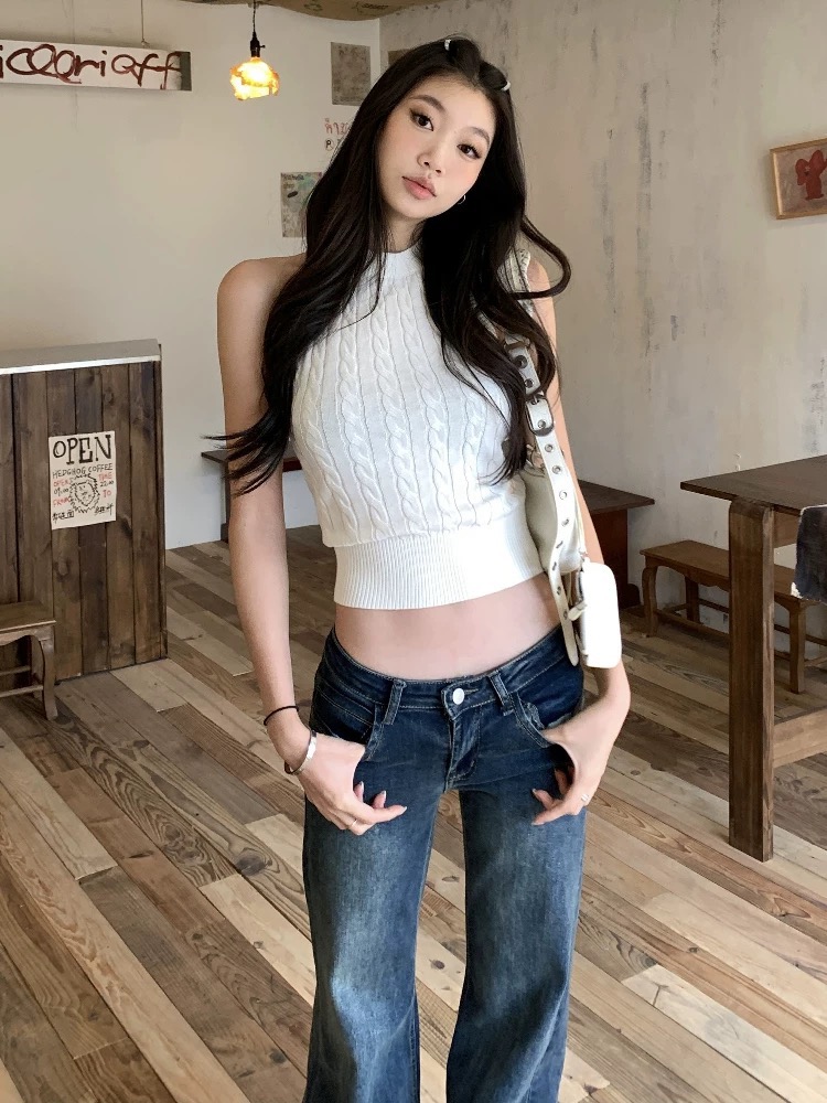withmin凉皮 时髦秘密 复古露背麻花针织挂脖背心吊带上衣2522674