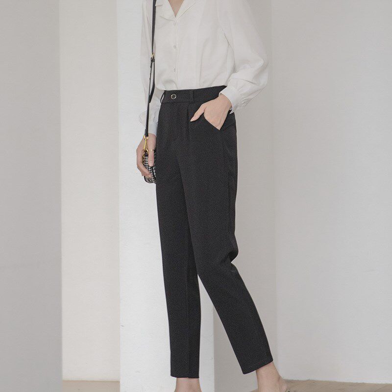 职业西装裤女宽松垂感2024春秋抗皱免烫烟管裤黑色高腰休闲九分裤