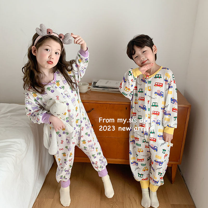 儿童单层呼吸棉卡通分腿睡袋春夏薄款连体睡衣宝宝家居服护肚透气