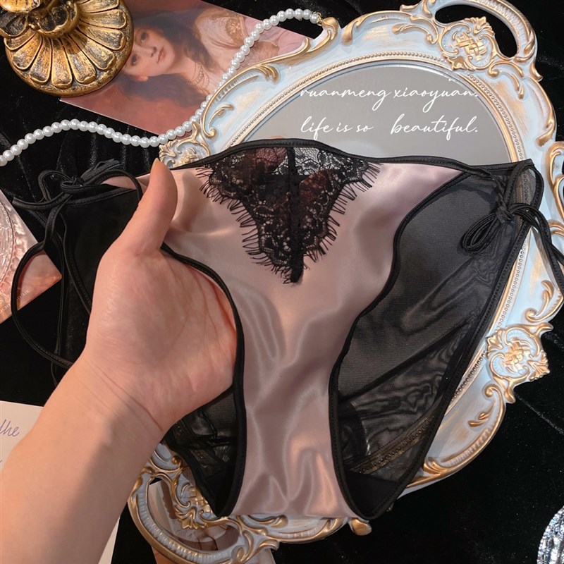 高级感缎面珠光法式性感睫毛蕾丝两边系带可解开内裤女士网纱