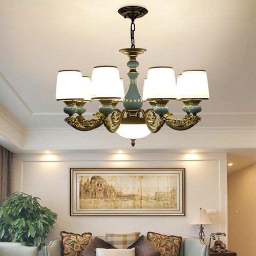 美式客厅吊灯简约陶瓷田园卧室餐厅铁艺复古锌合金玻璃新款防尘灯