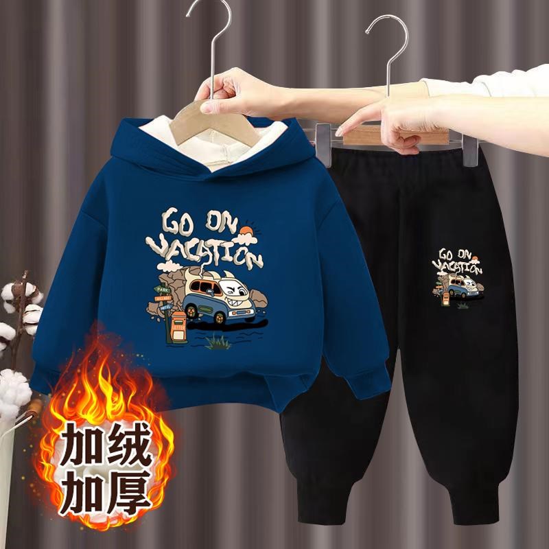 男童冬季加绒套装保暖连帽儿童加厚卫衣两件套中小童装小宝宝衣服