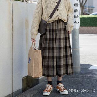 奶兔星球-自制 咖色松紧腰格子百褶裙日系文艺复古秋冬毛呢半身详