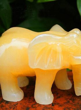 天然黄玉象风水摆件一对 聚财吸水大象玉如意象客厅办公室工艺品