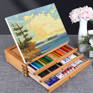 画箱台式桌面画架抽屉式多功能桌上画板二合一多层画盒收纳油画架