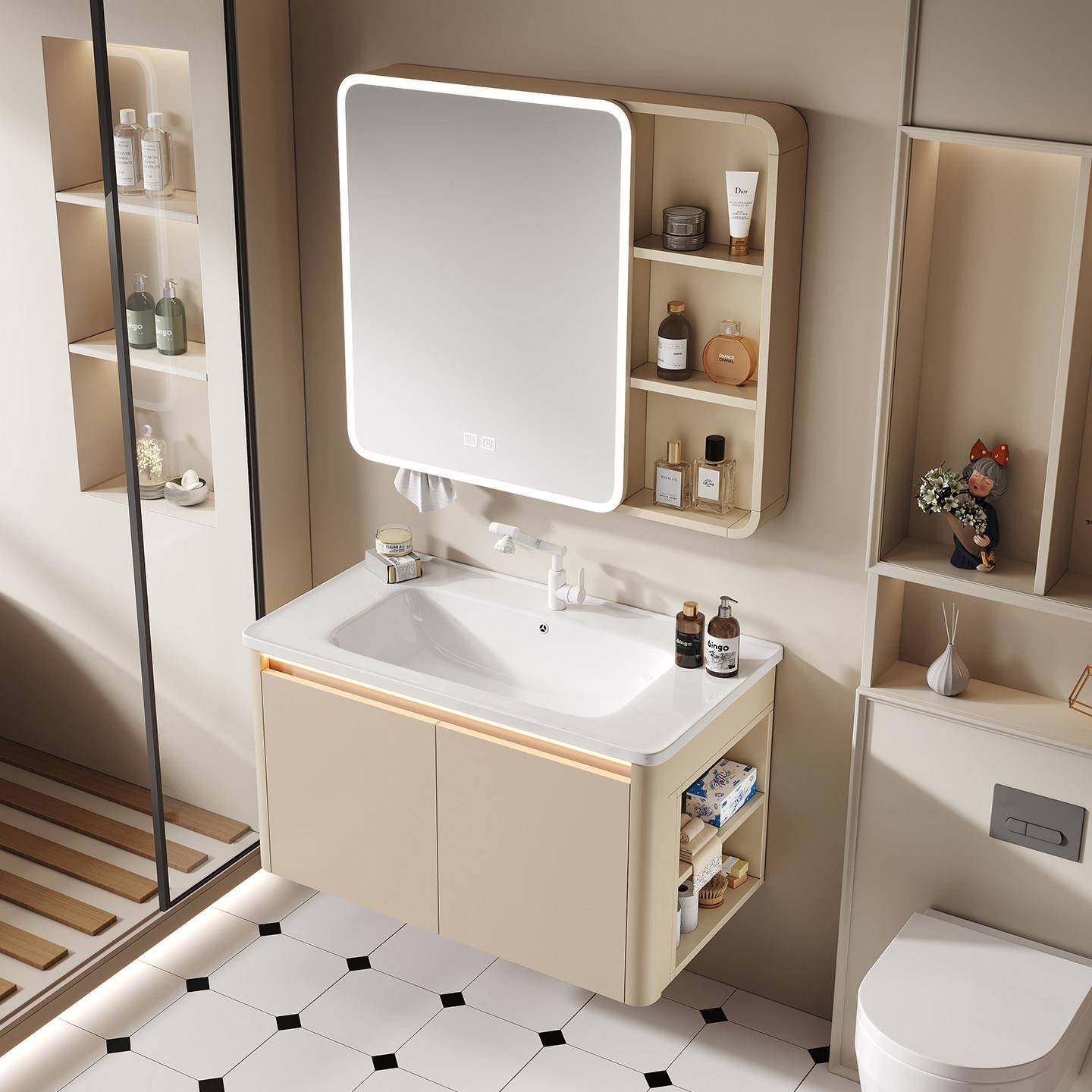 奶油风蜂窝铝浴室柜组合卫生间陶瓷一体洗手洗脸盆智能美妆带侧柜