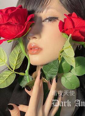 l仿真红色玫瑰花86227单支假花朵干花束ol装ita高档塑料蓝道jk拍