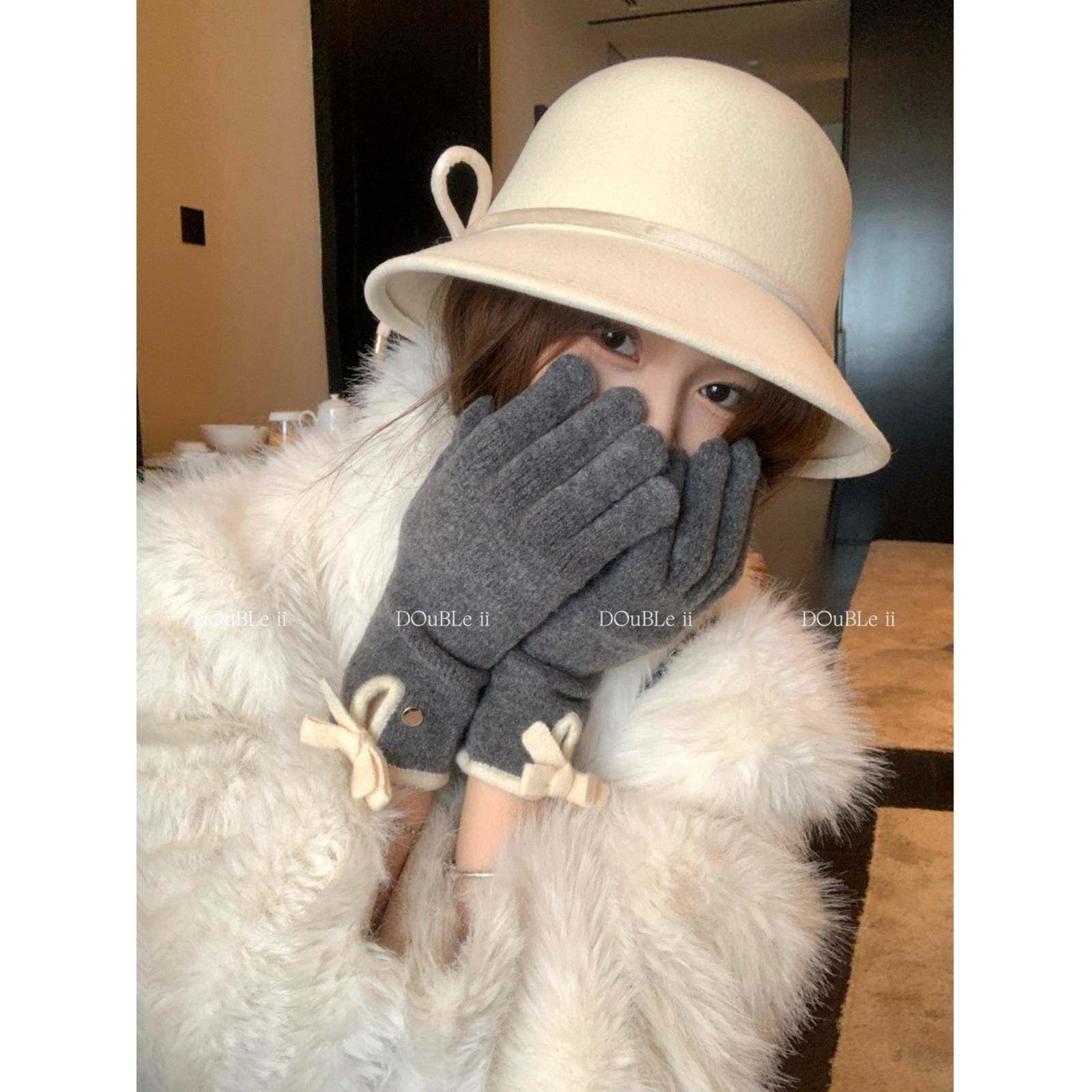 double i i 韩版气质针织毛线蝴蝶结手套女秋冬保暖露指可触屏