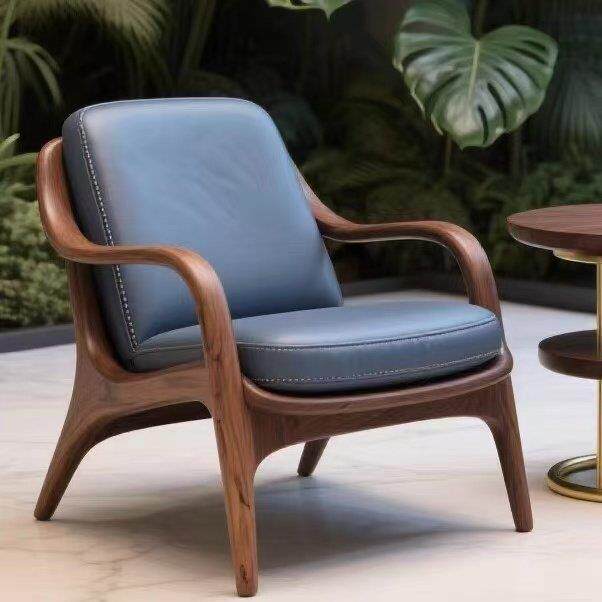 新中式北美黑胡桃木休闲椅实木单人沙发椅蓝色皮质高级感客厅家具