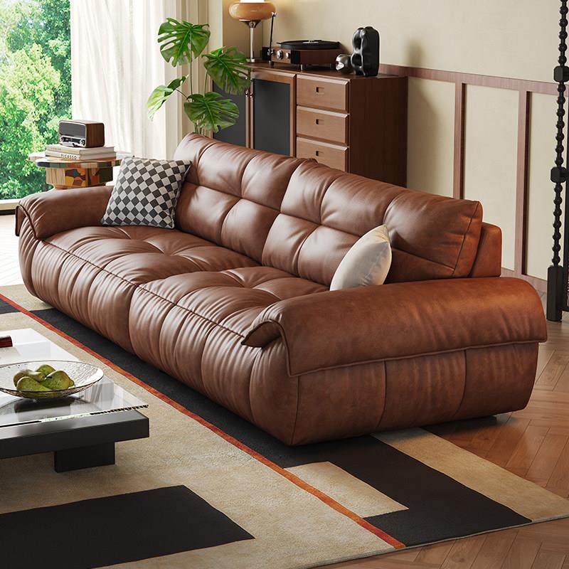 真皮沙发客厅复古风简约小户型2025年新款头层牛皮焦糖色直排沙发