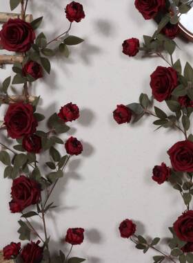 酒红色玫瑰墙装饰民花藤05529宿区造景仿花真花藤条网红餐厅拍照