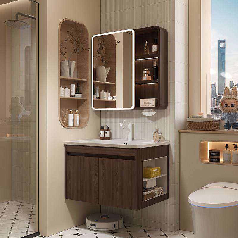 胡桃色中古风小户型蜂窝铝浴室柜组合带侧边柜陶瓷一体盆洗脸盆柜