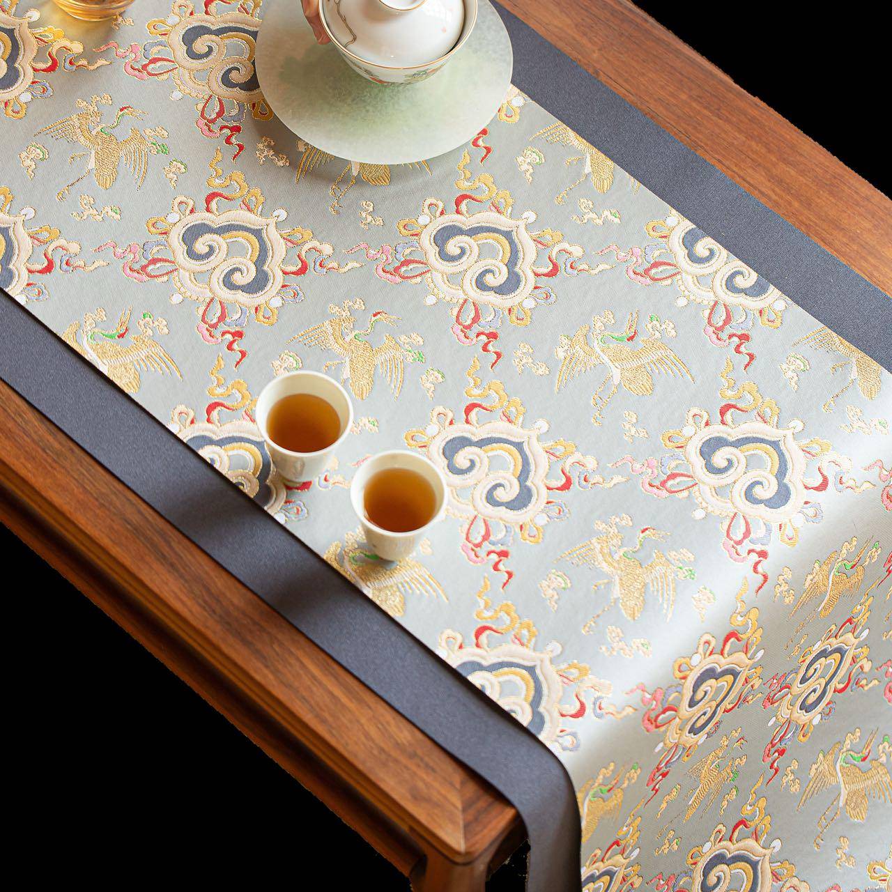 新中式茶席织锦如意云鹤纹桌旗高端茶台茶布艺茶桌垫双面可用茶旗