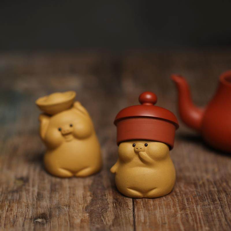 招财纳福 小猪宜兴紫砂段泥白泥小茶宠壶盖置小摆件摆设生肖精品