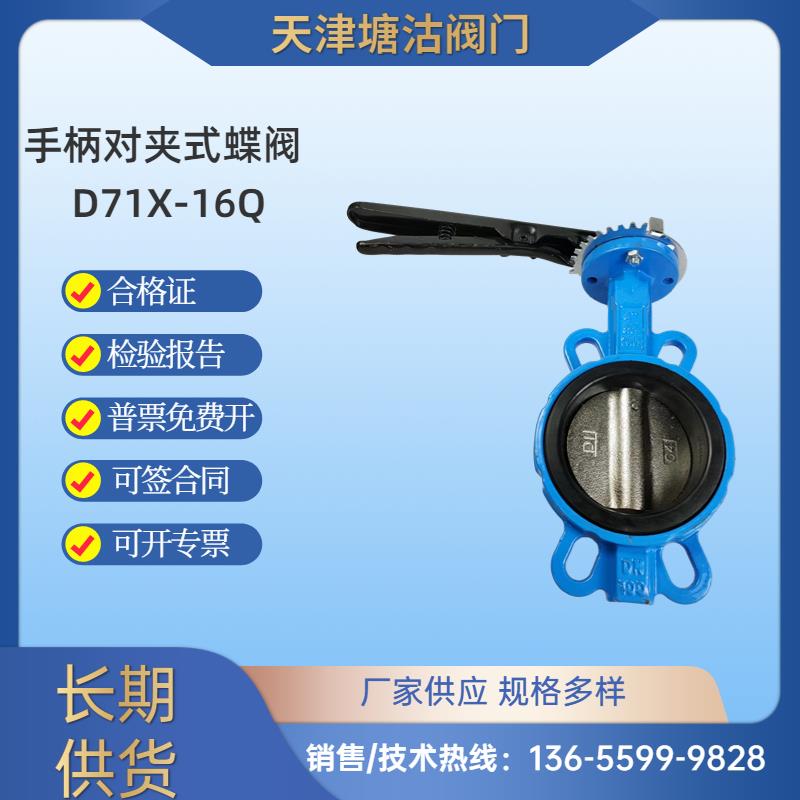 天津塘沽手柄对夹蝶阀手动D71X/F-16Qdn50dn80dn100球墨四氟304板