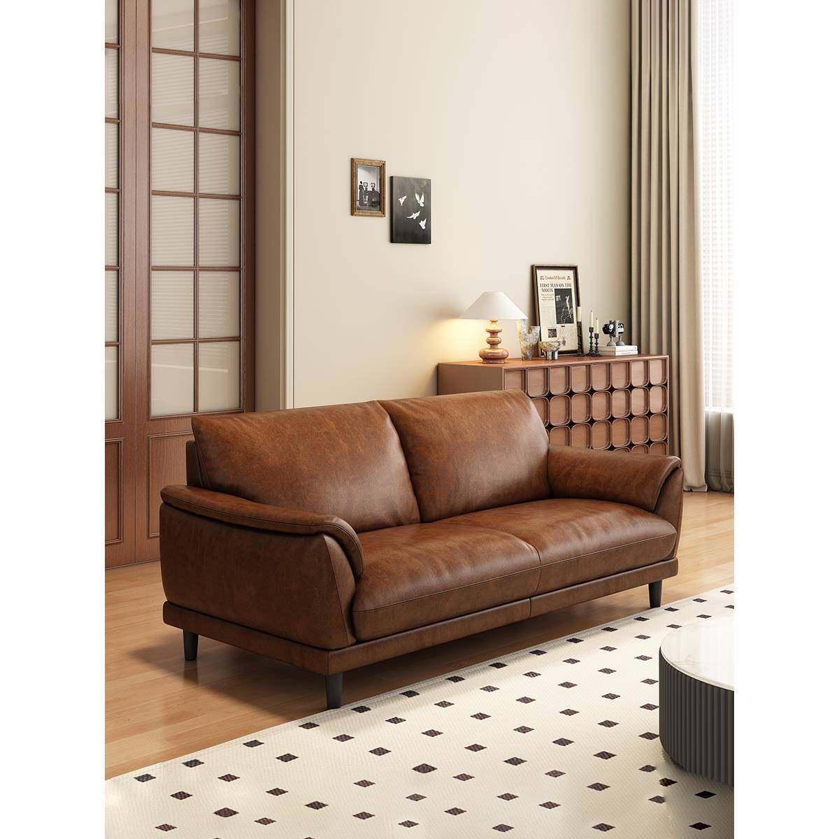 双人位小户型油蜡真皮沙发客厅2025年新款复古风三人牛皮沙发直排