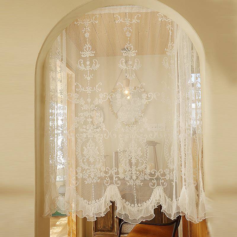 法式复古蕾丝门帘庄园古典纱帘半帘窗帘透光纱风水帘免打孔穿杆