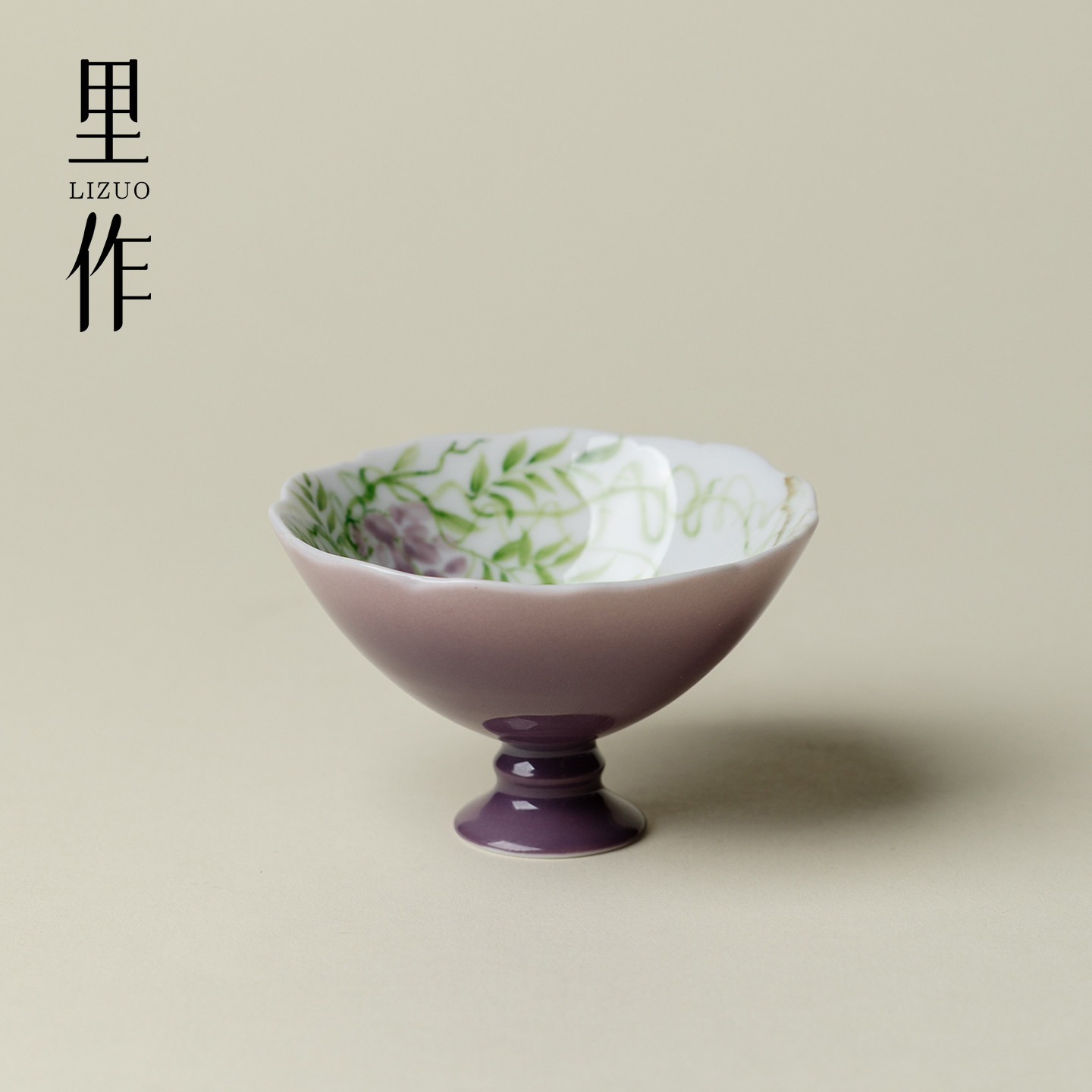 里作新中式陶瓷高足花口杯手绘紫藤闲韵小清新茶杯创意家用品茗杯