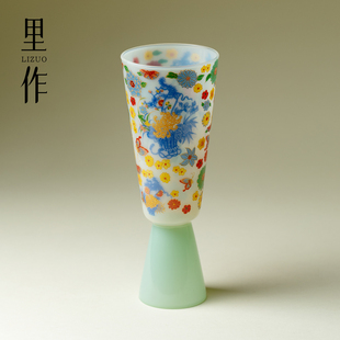 里作 冰玉繁花高足主人杯手工高端耐热玻璃茶杯高颜值精致品茗杯