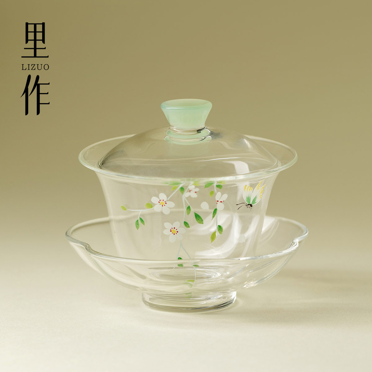 里作 高硼硅耐热玻璃三才盖碗小清新功夫茶具泡茶碗带底托绿茶碗