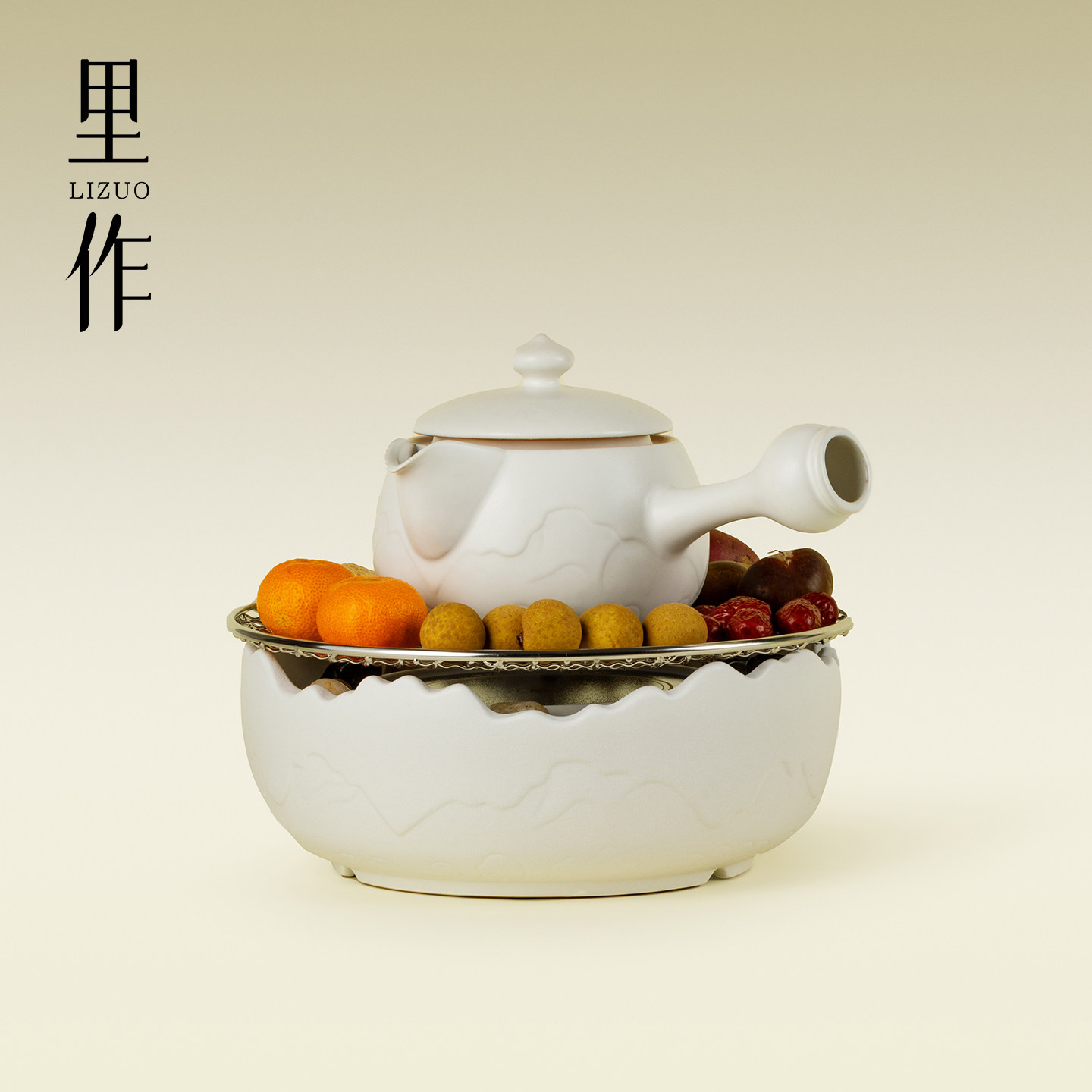 里作 简约白色陶瓷罐罐侧把壶围炉煮茶套装煮茶烤奶家用烤火碳炉