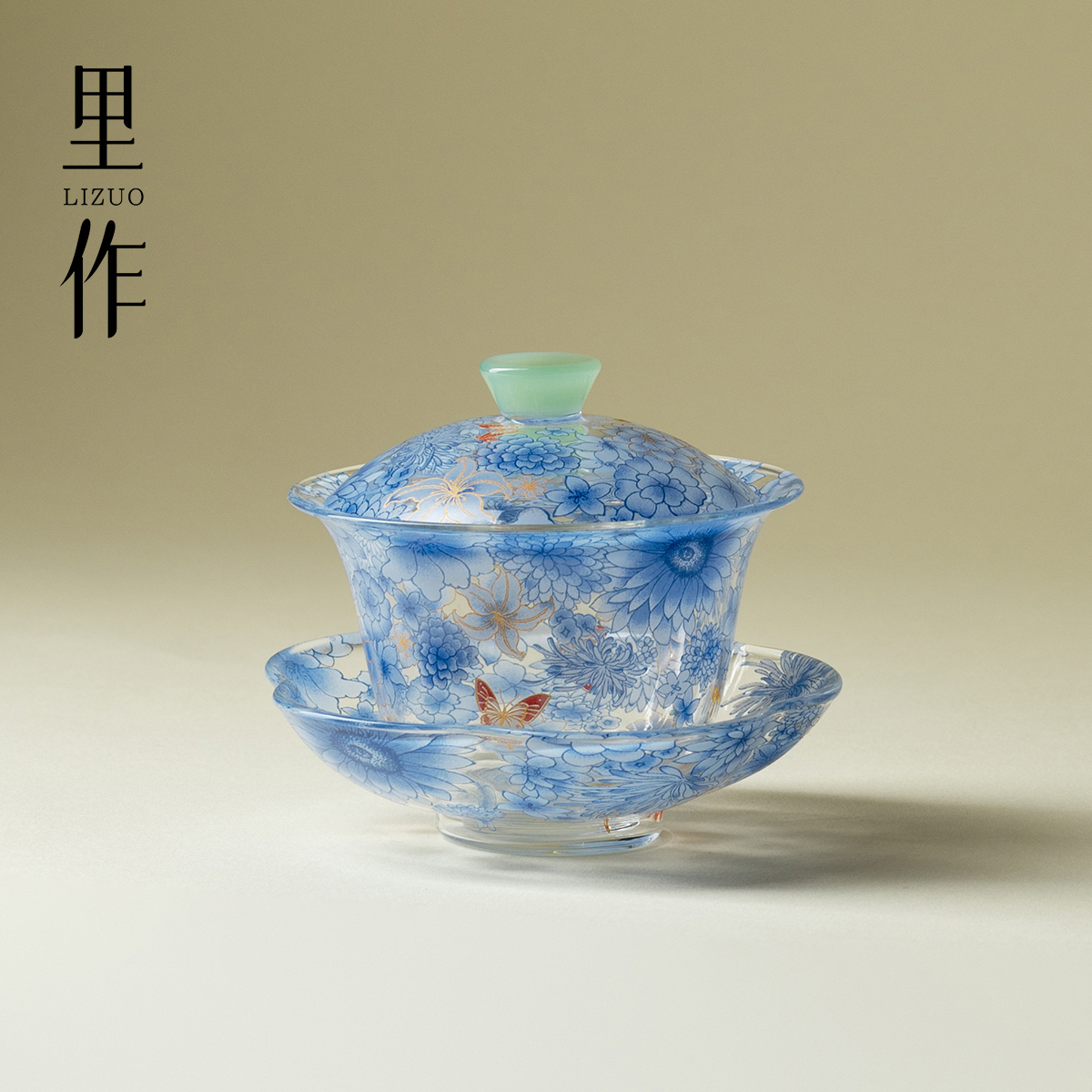 里作幽蓝纷蝶玻璃三才盖碗高颜值精致手工泡茶碗高硼硅耐热敬茶碗