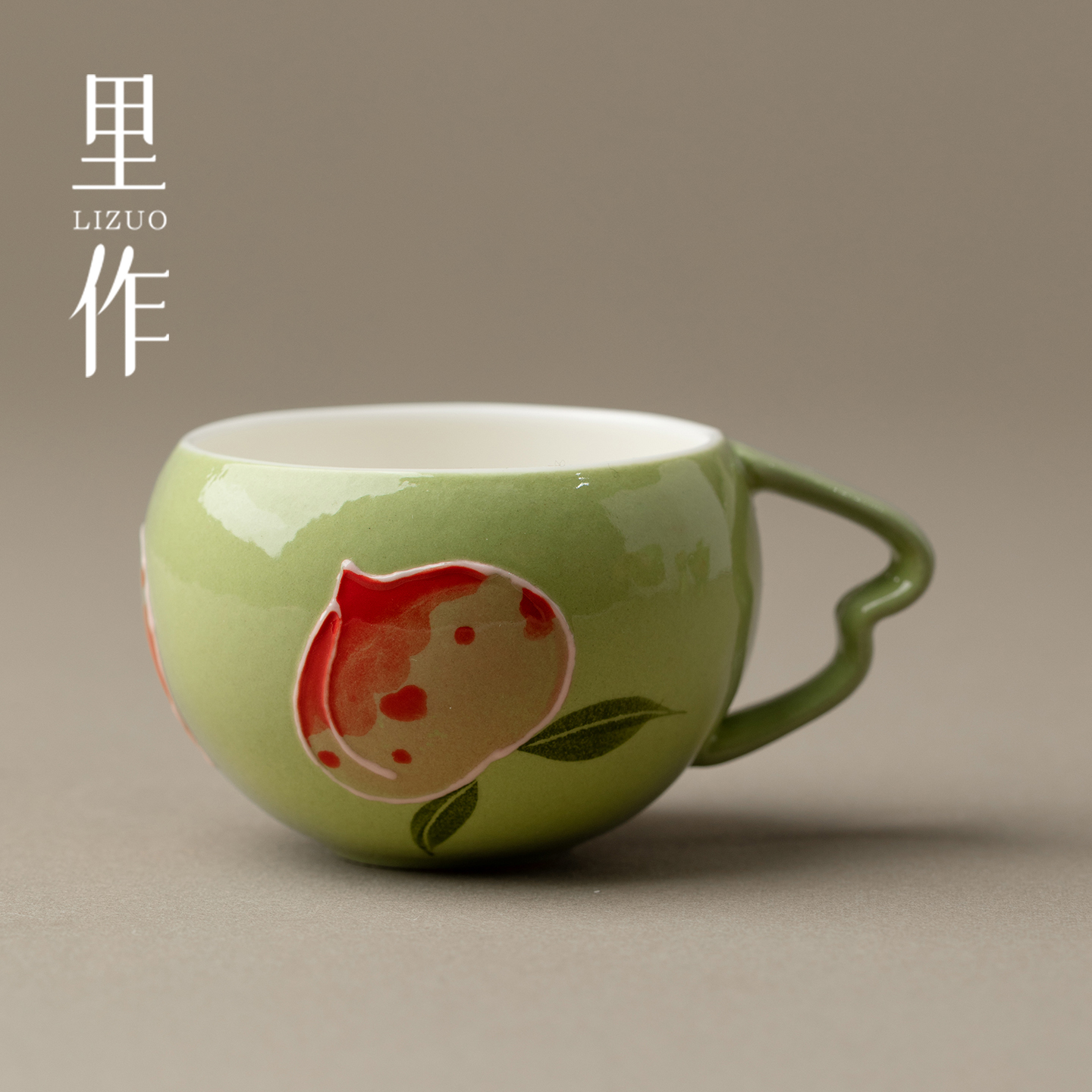 里作 手绘碧春辰寿桃茶杯创意手工釉下彩品茗杯景德镇陶瓷主人杯